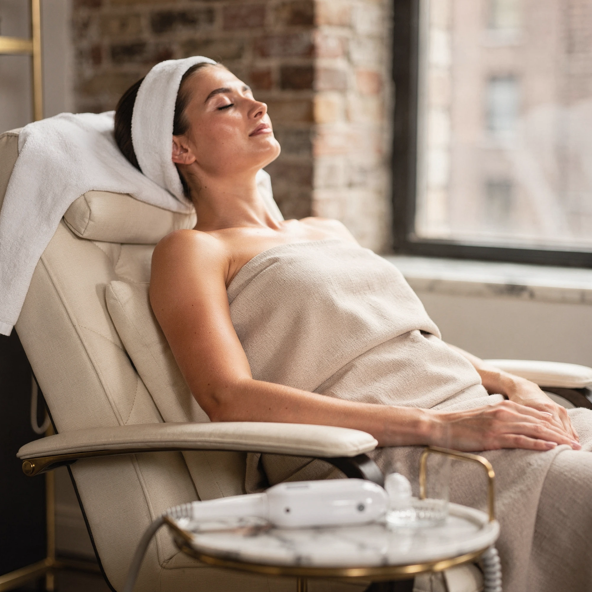 Woman relaxing in a treatment chair with a headwrap after laser skin resurfacing